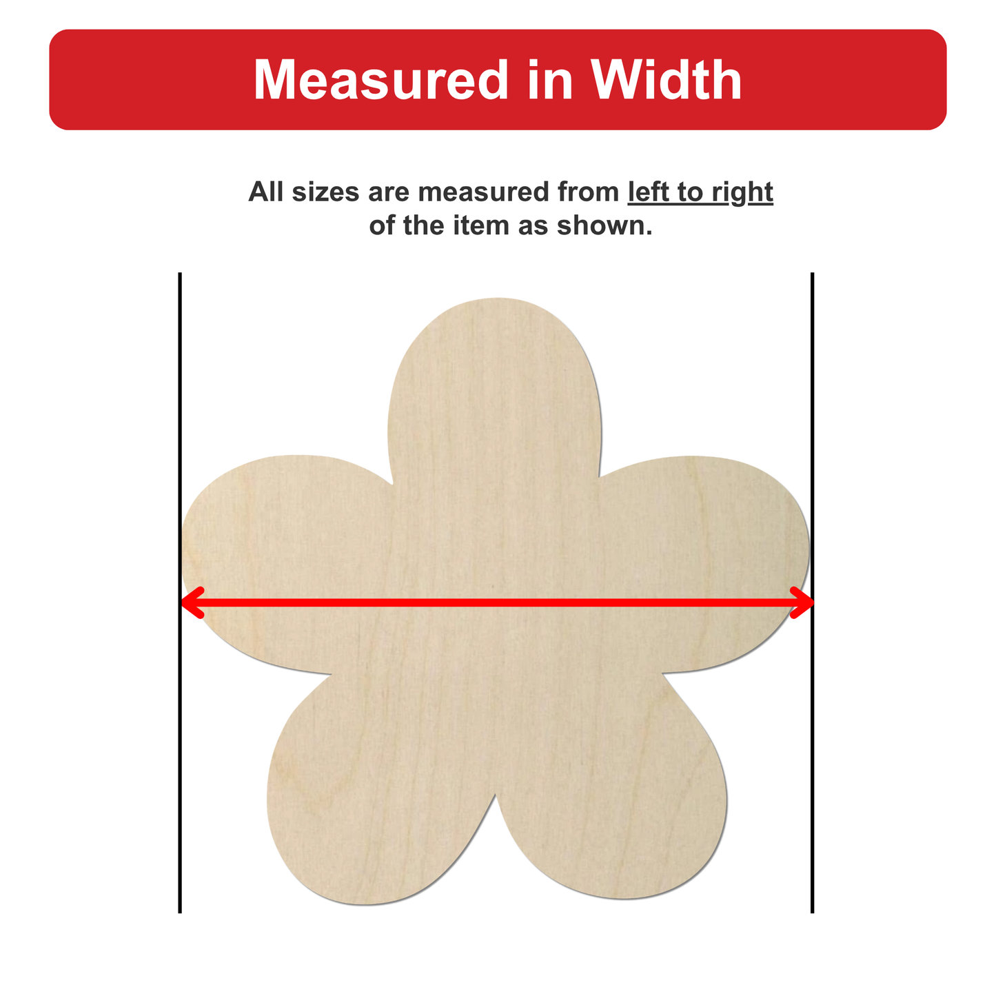 a wooden flower-shaped object, with a red line drawn between two points to indicate the width of the object.