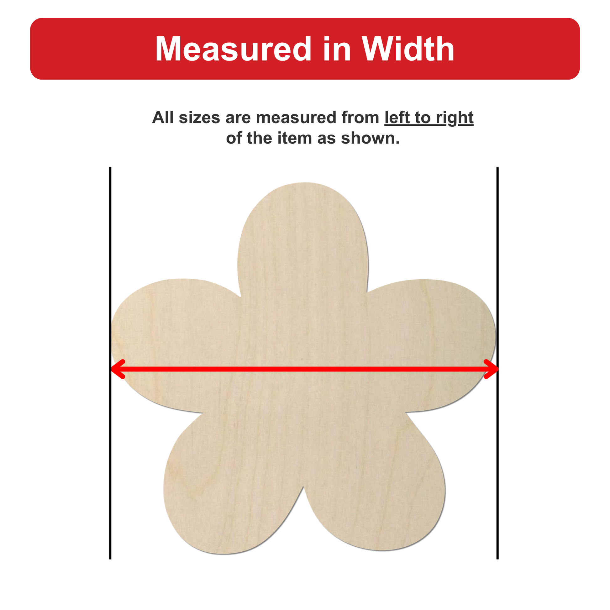 a wooden flower-shaped object, with a red line drawn between two points to indicate the width of the object.