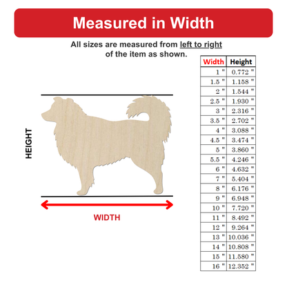 The image is a wood silhouette of a dog, and it is being measured in width. The image is accompanied by a table that provides the measurements of the dog in inches.
