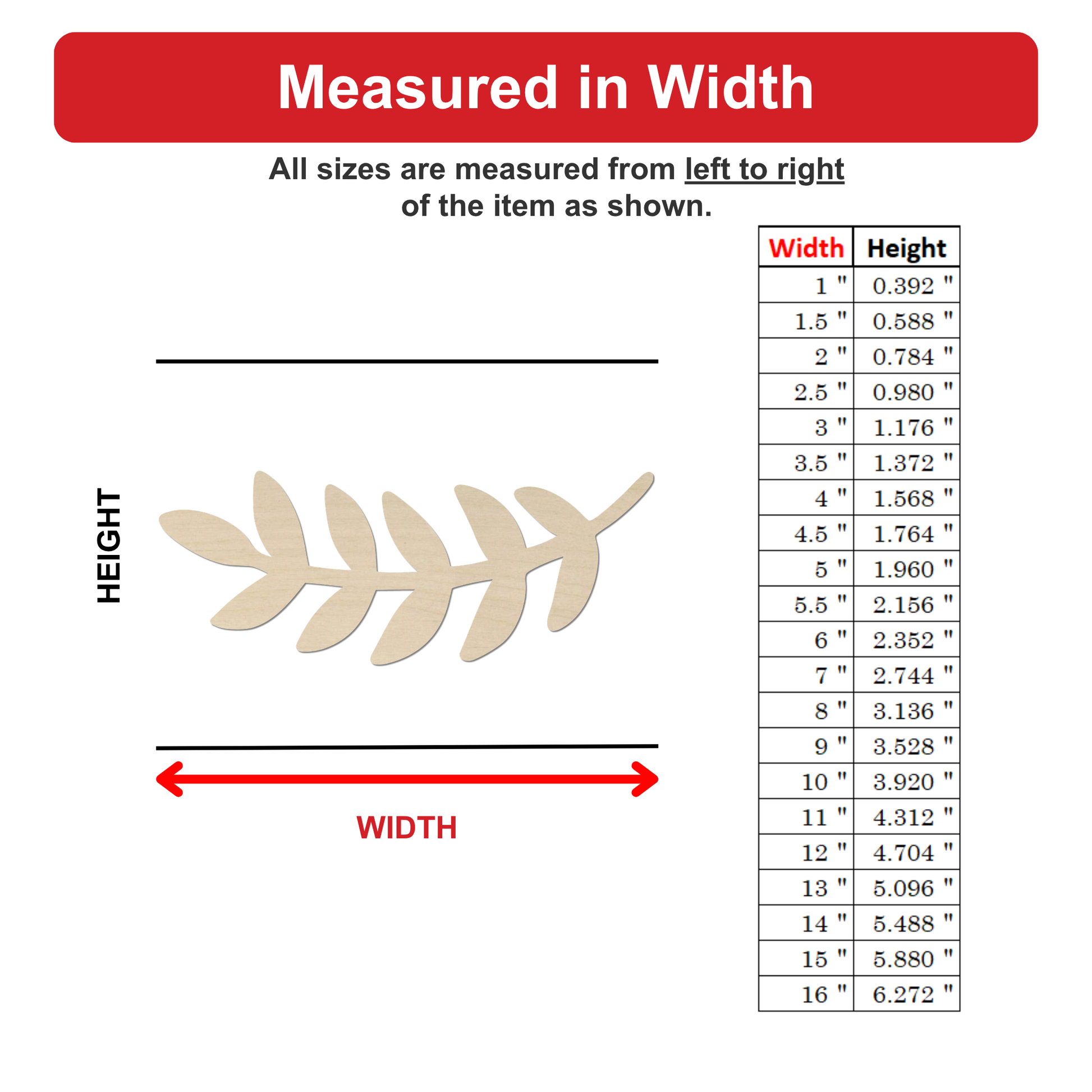 The image is a detailed diagram that provides measurements for various sizes of a leaf-shaped object. The diagram includes a scale that allows for accurate measurement of the object's width in inches. The image is a clear and concise representation of the object's dimensions, without any unnecessary descriptions or embellishments.