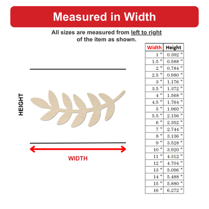 The image is a detailed diagram that provides measurements for various sizes of a leaf-shaped object. The diagram includes a scale that allows for accurate measurement of the object's width in inches. The image is a clear and concise representation of the object's dimensions, without any unnecessary descriptions or embellishments.