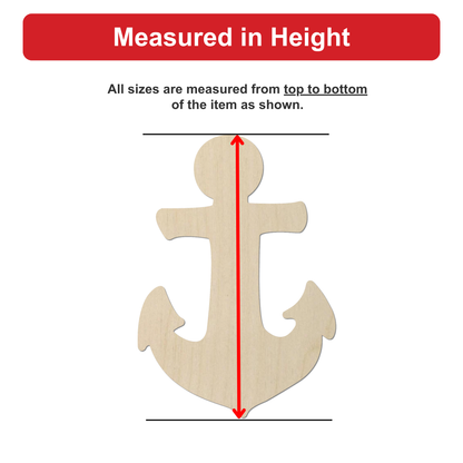 a wooden anchor with a red line extending from the top to the bottom of the anchor, indicating that all sizes are measured from top to bottom of the item shown.