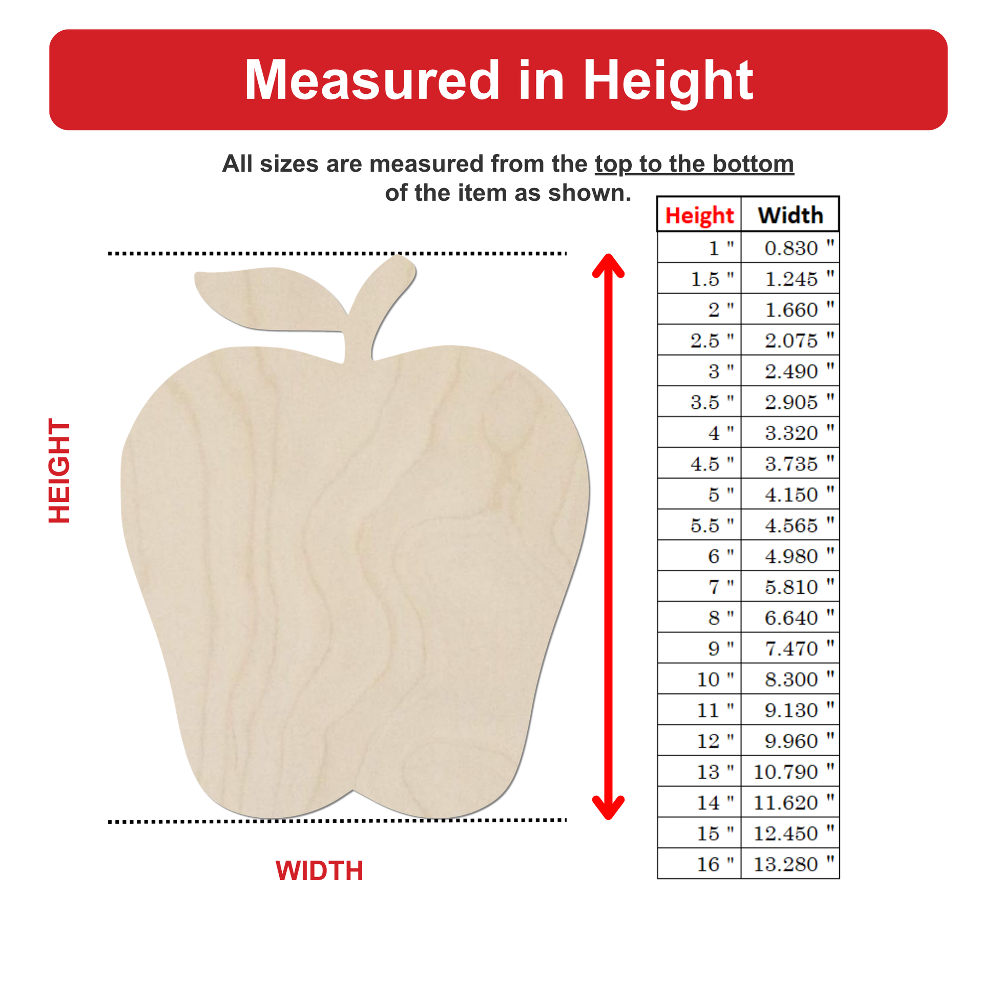 The image is a wooden apple with measurements listed below it, indicating the height and width of the apple in inches.