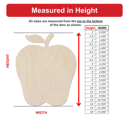 The image is a wooden apple with measurements listed below it, indicating the height and width of the apple in inches.