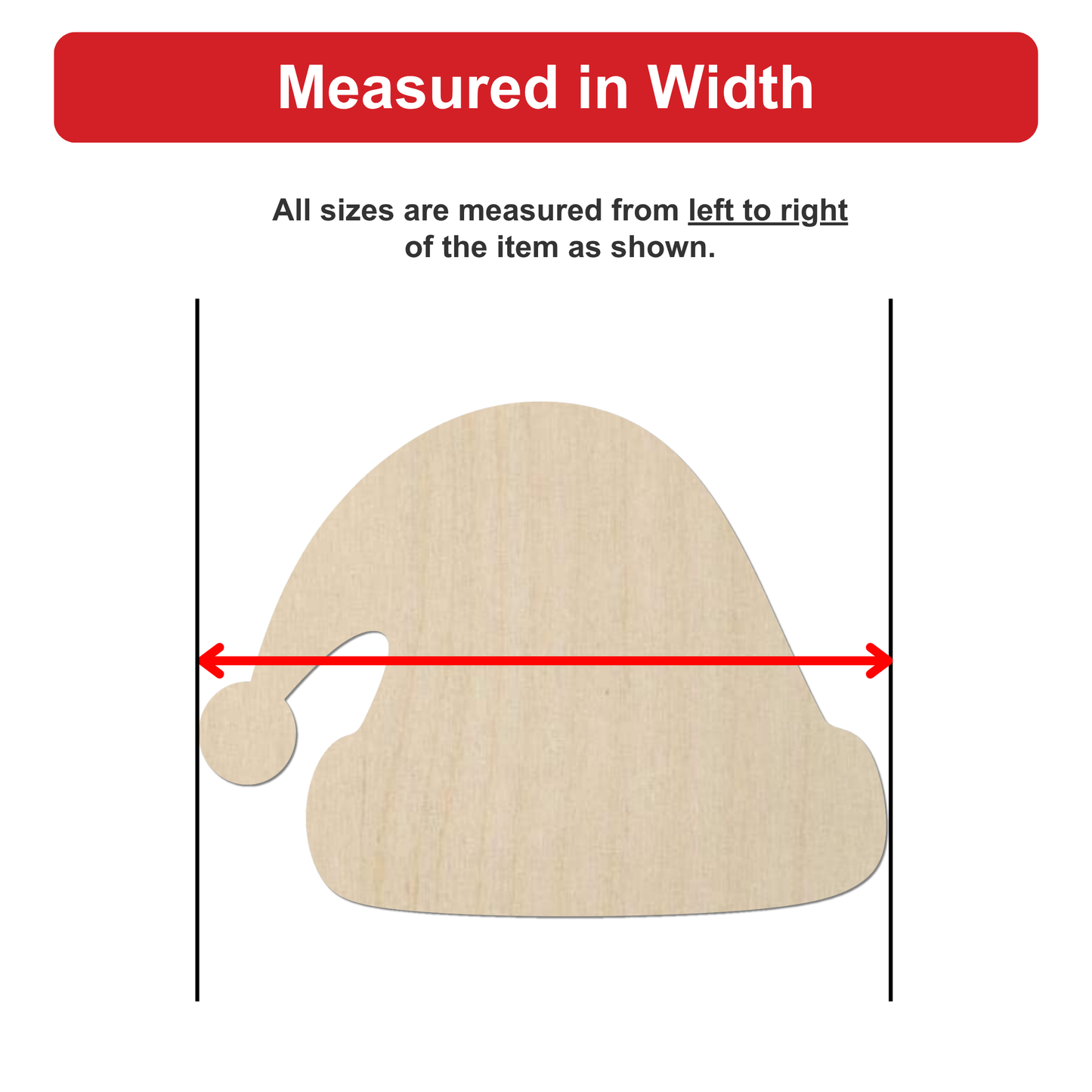 a wooden object, possibly a hat or a hat-like item, with a red line drawn between two points, indicating that all sizes are measured from left to right of the item.