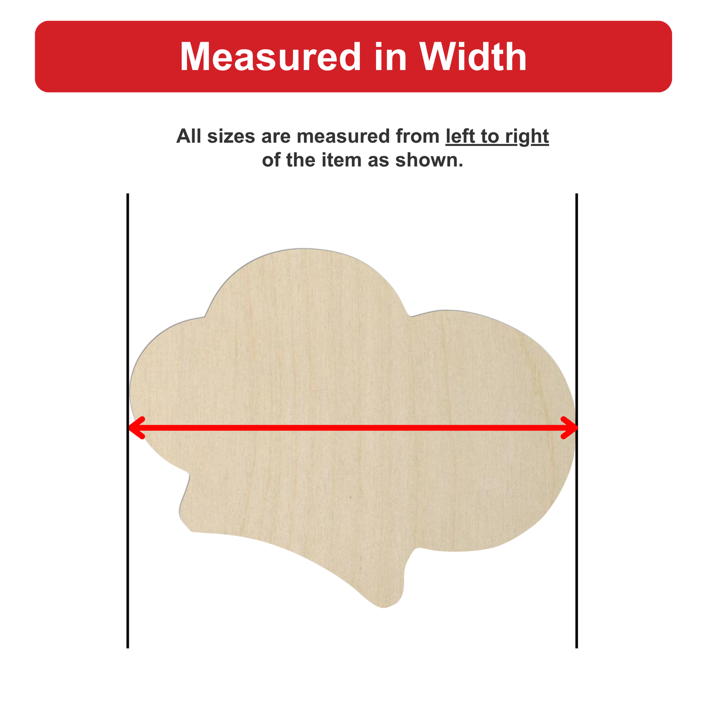 a wooden object, possibly a cloud-shaped item, being measured in width. The object is being measured from left to right, with a red line indicating the width.