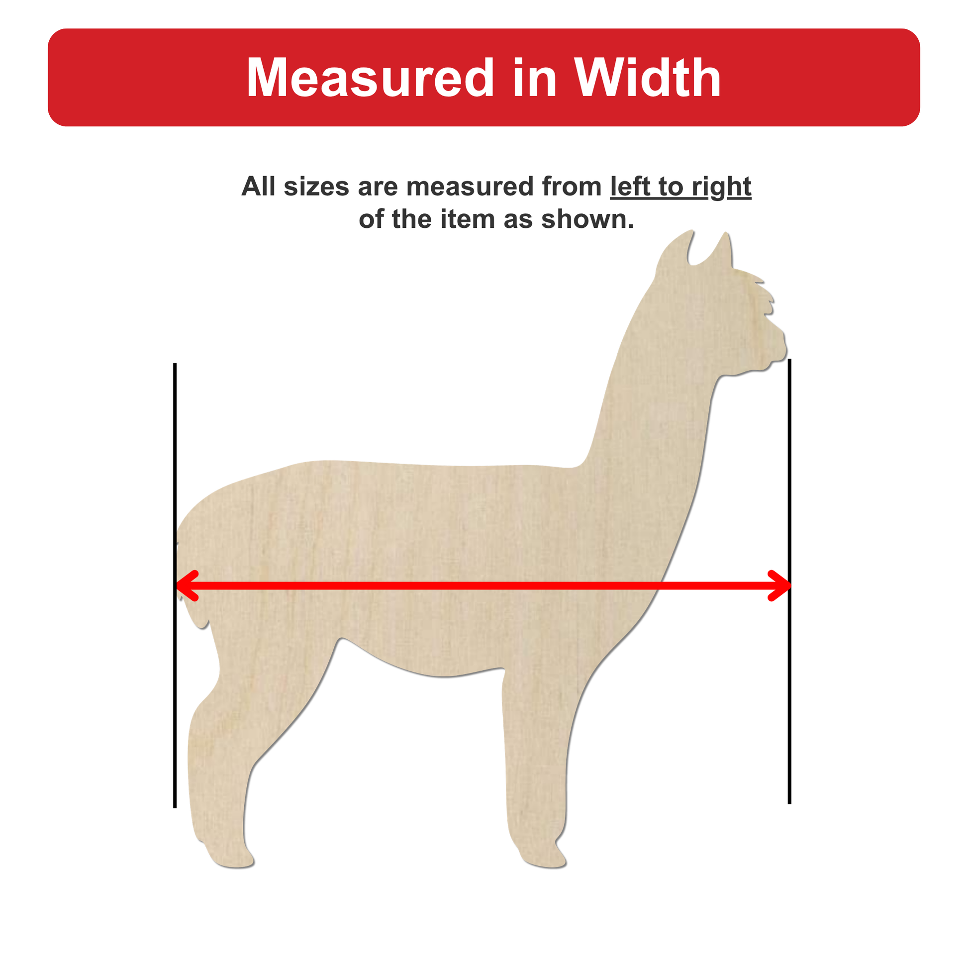 a wooden llama silhouette, with measurements drawn on it to indicate the width of the llama.