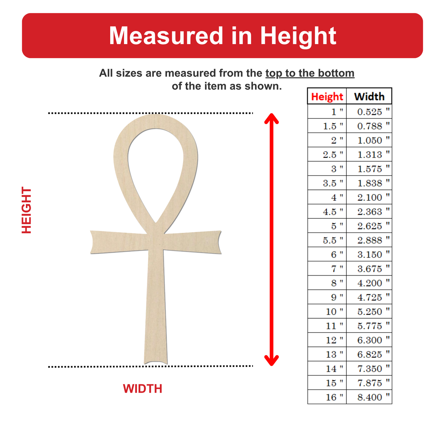 The image is a diagram that shows the height and width of an item, with a vertical red arrow pointing from the top to the bottom of the item. The diagram provides a visual representation of the item's dimensions, allowing for easy comparison and understanding of the measurements.