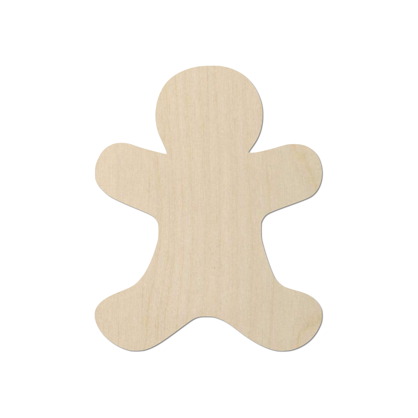 A simple, light-colored wooden figure, resembling a gingerbread man or a similar figure, is shown against a white background.