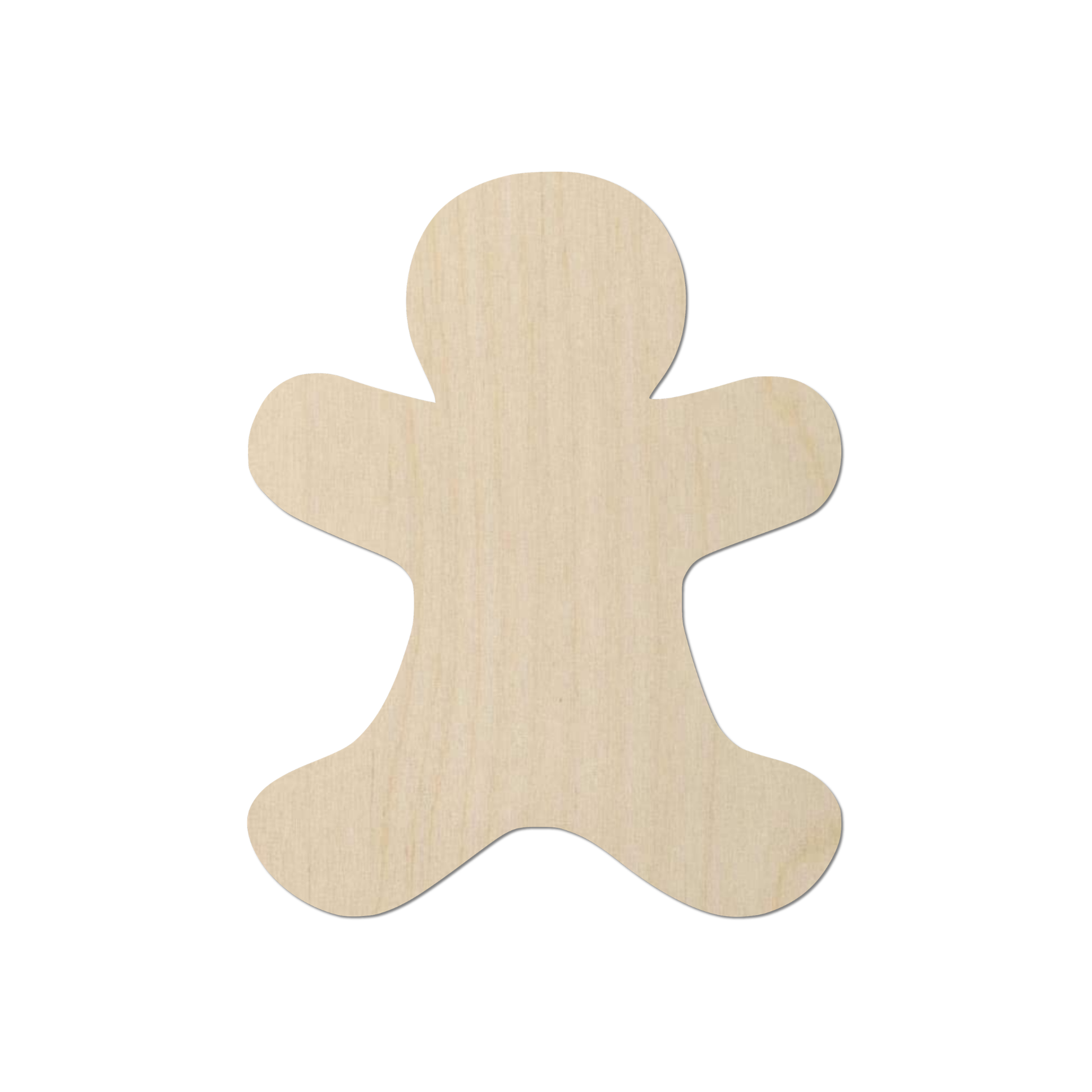 A simple, light-colored wooden figure, resembling a gingerbread man or a similar figure, is shown against a white background.