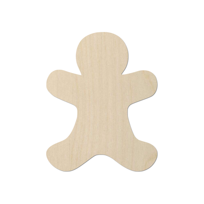 A simple, light-colored wooden figure, resembling a gingerbread man or a similar figure, is shown against a white background.