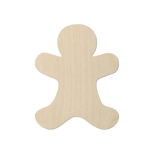 A simple, light-colored wooden figure, resembling a gingerbread man or a similar figure, is shown against a white background.
