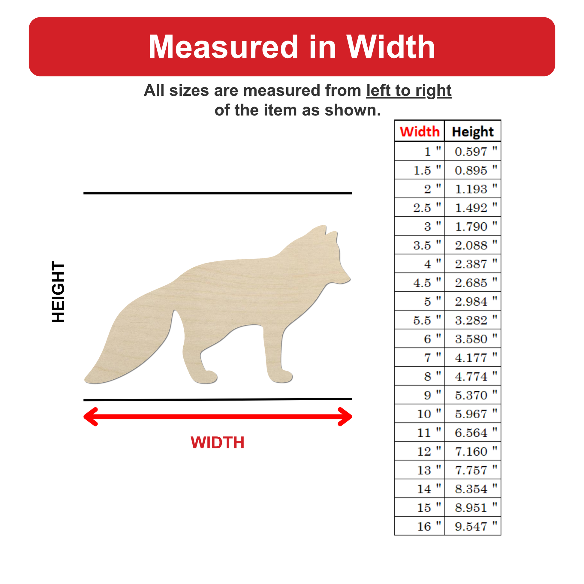 a wooden fox statue, with measurements provided for each part of the fox.