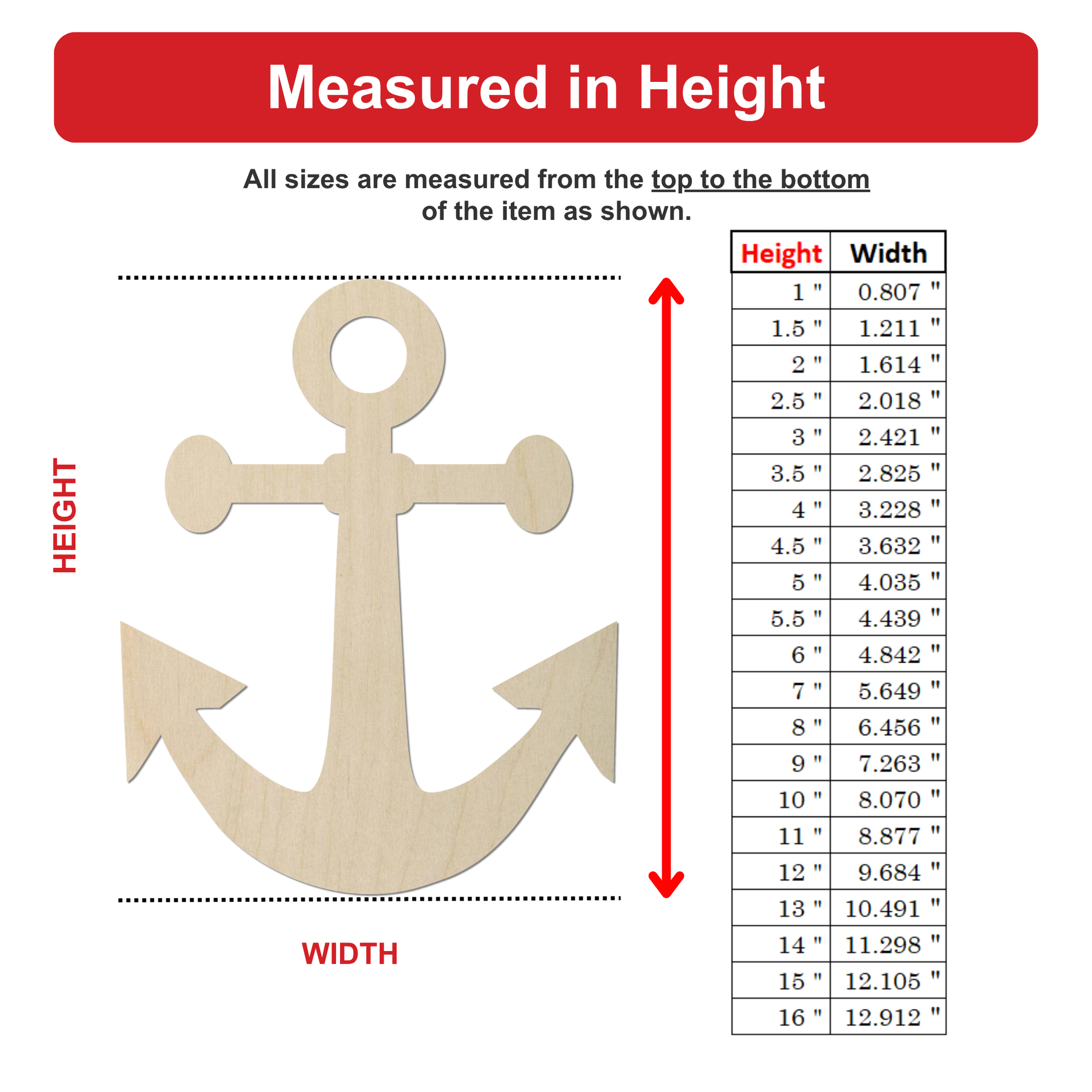 The image is a diagram that shows the dimensions of an object, specifically an anchor, with a table below it providing the corresponding widths.