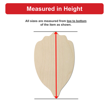 a wooden object, possibly a piece of furniture or a decorative item, with a red line drawn on it. The text above the image reads "Measured in Height", indicating that all sizes are measured from top to bottom of the item.