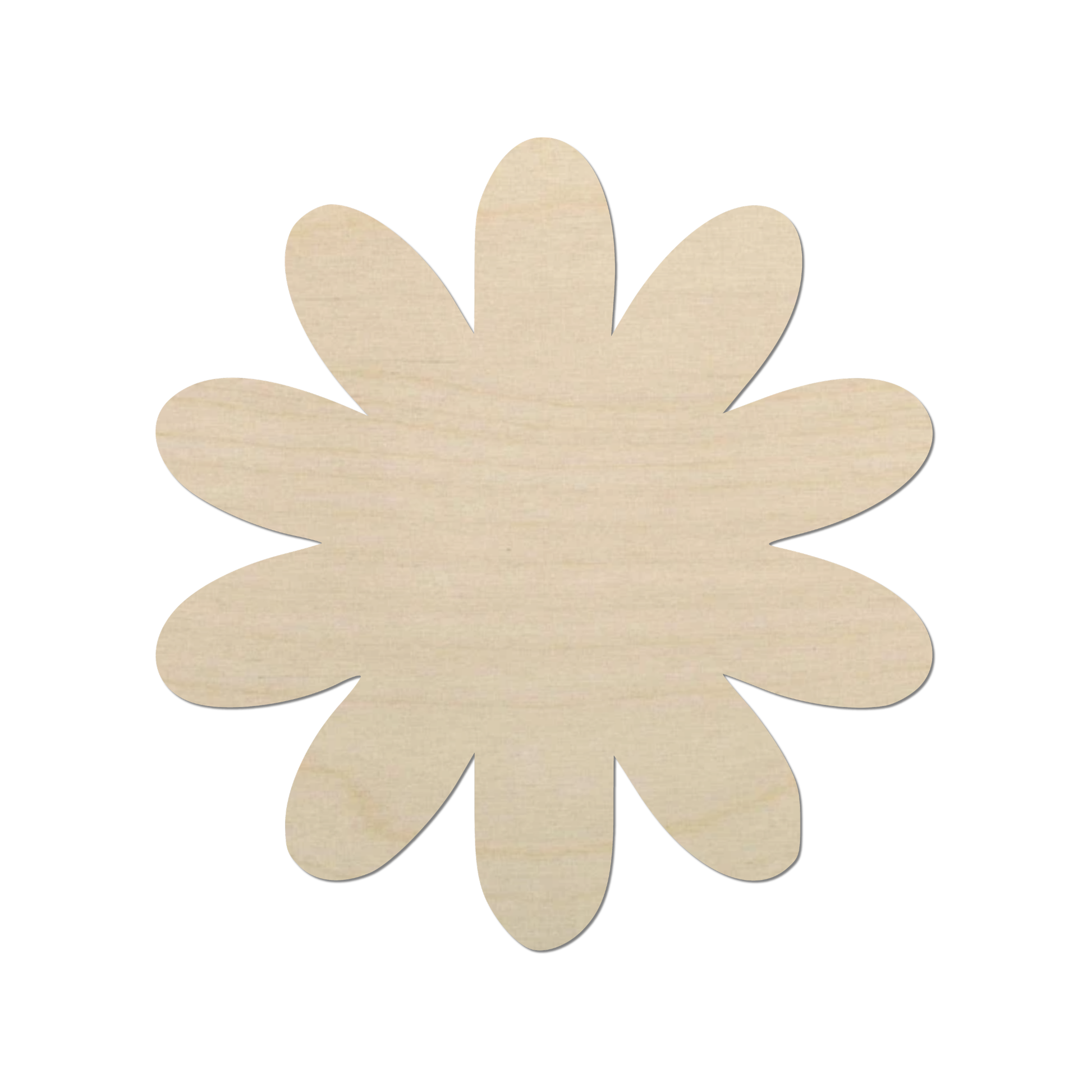 A simple, light-colored wooden flower shape is shown against a white background.