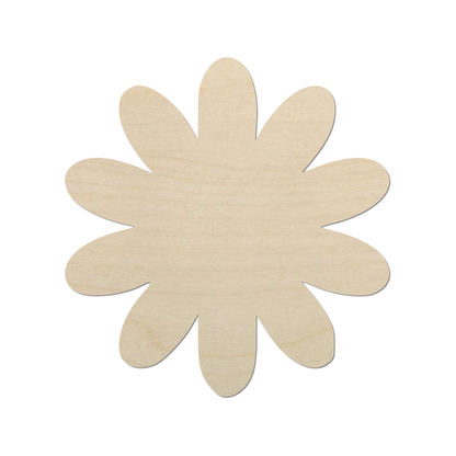 A simple, light-colored wooden flower shape is shown against a white background.
