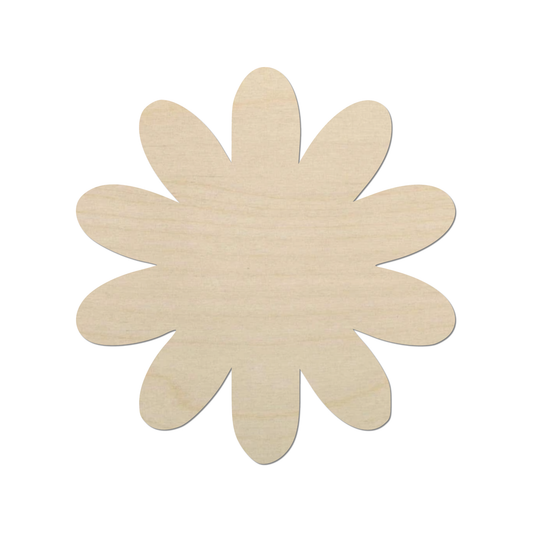 A simple, light-colored wooden flower shape is shown against a white background.
