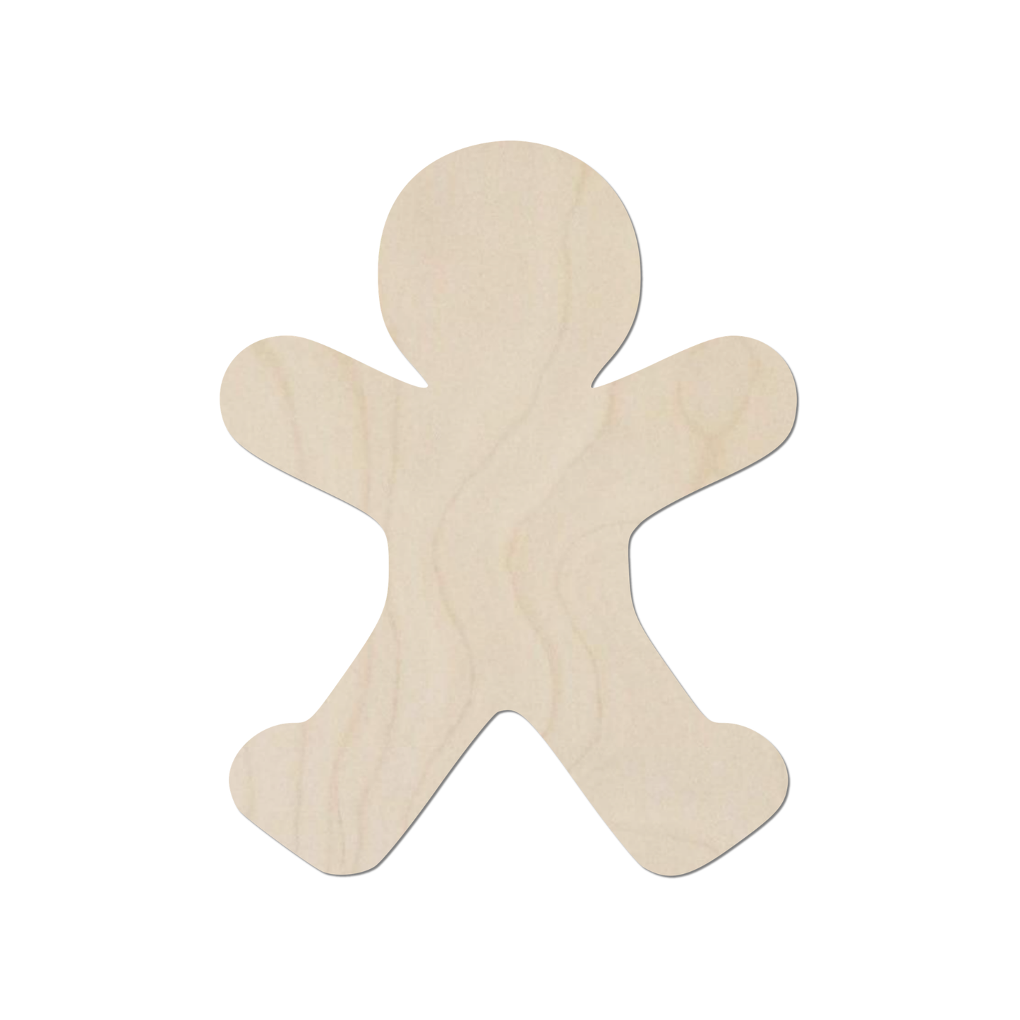 A simple, light-colored wooden figure, resembling a gingerbread man or a similar character, is shown against a white background.