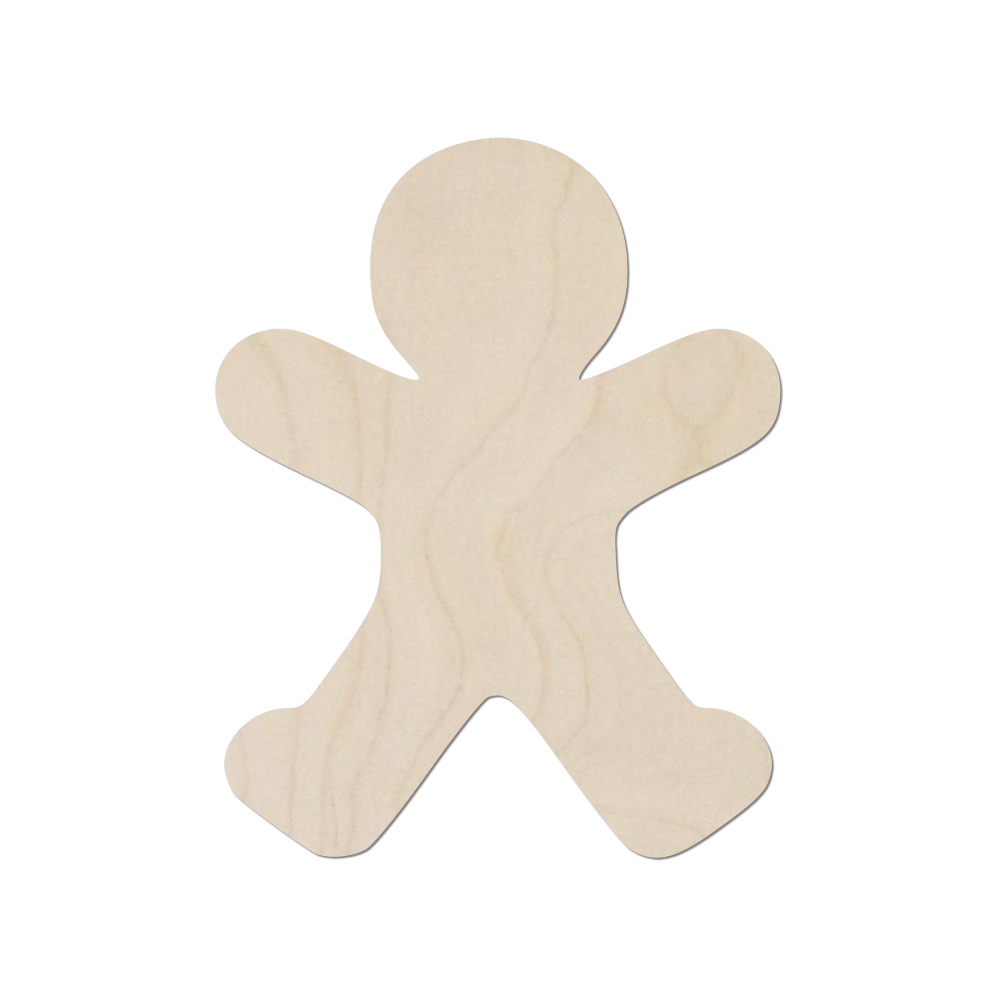 A simple, light-colored wooden figure, resembling a gingerbread man or a similar character, is shown against a white background.
