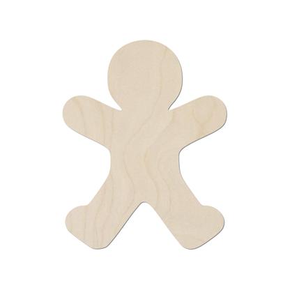 A simple, light-colored wooden figure, resembling a gingerbread man or a similar character, is shown against a white background.