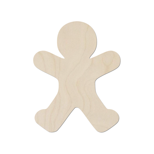 A simple, light-colored wooden figure, resembling a gingerbread man or a similar character, is shown against a white background.