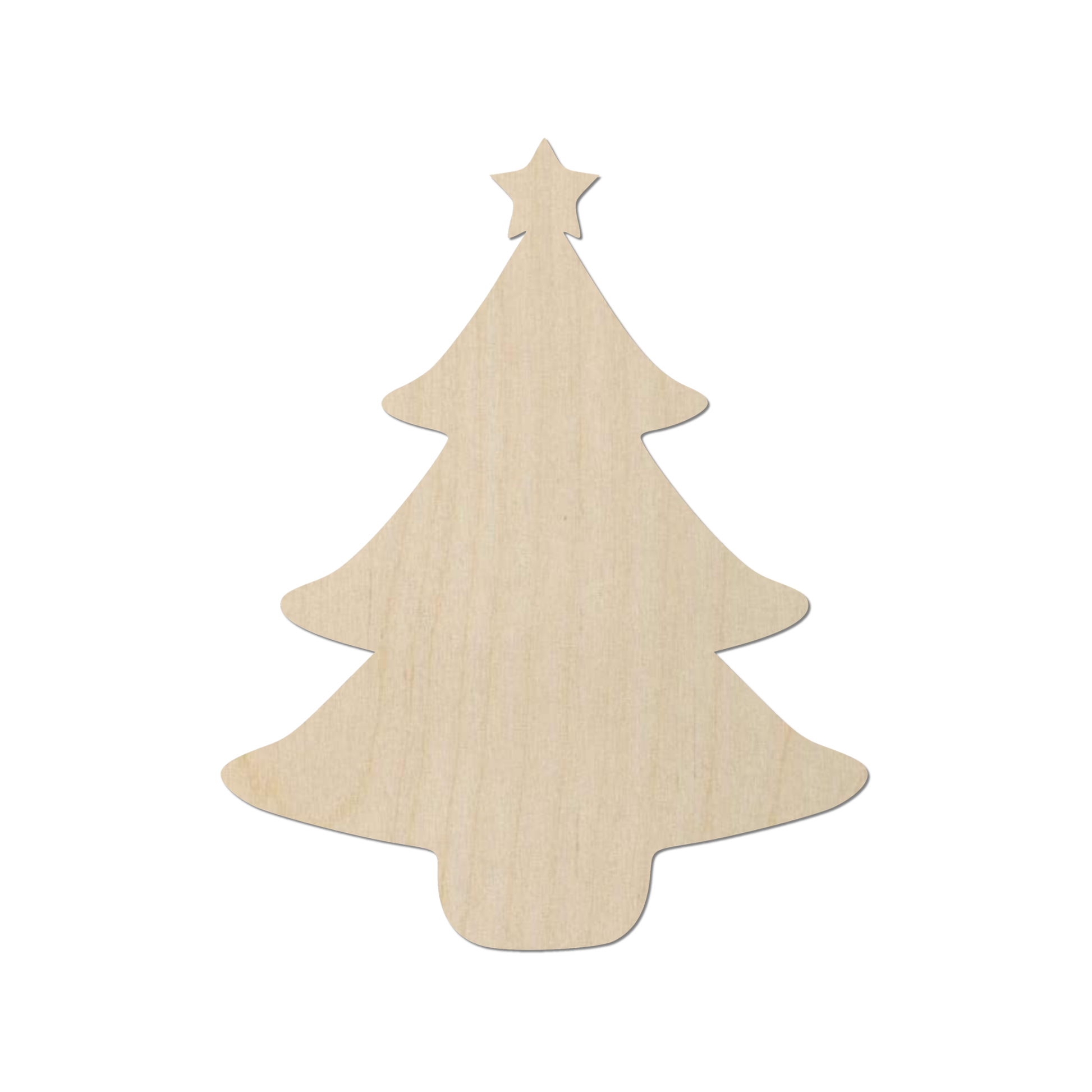 A simple, light-colored wooden Christmas tree silhouette against a white background.