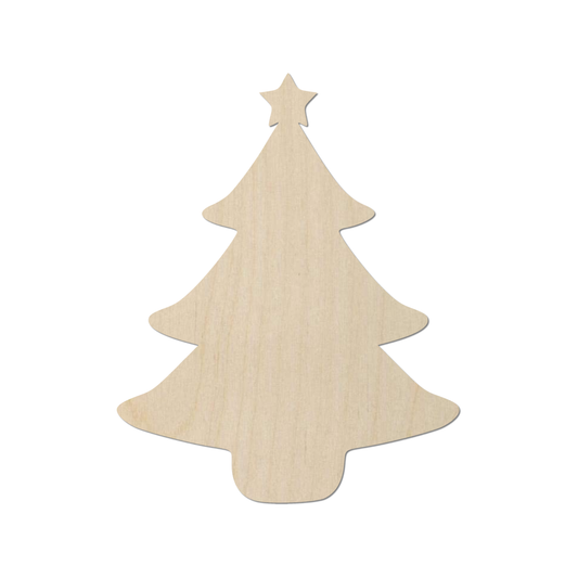 A simple, light-colored wooden Christmas tree silhouette against a white background.