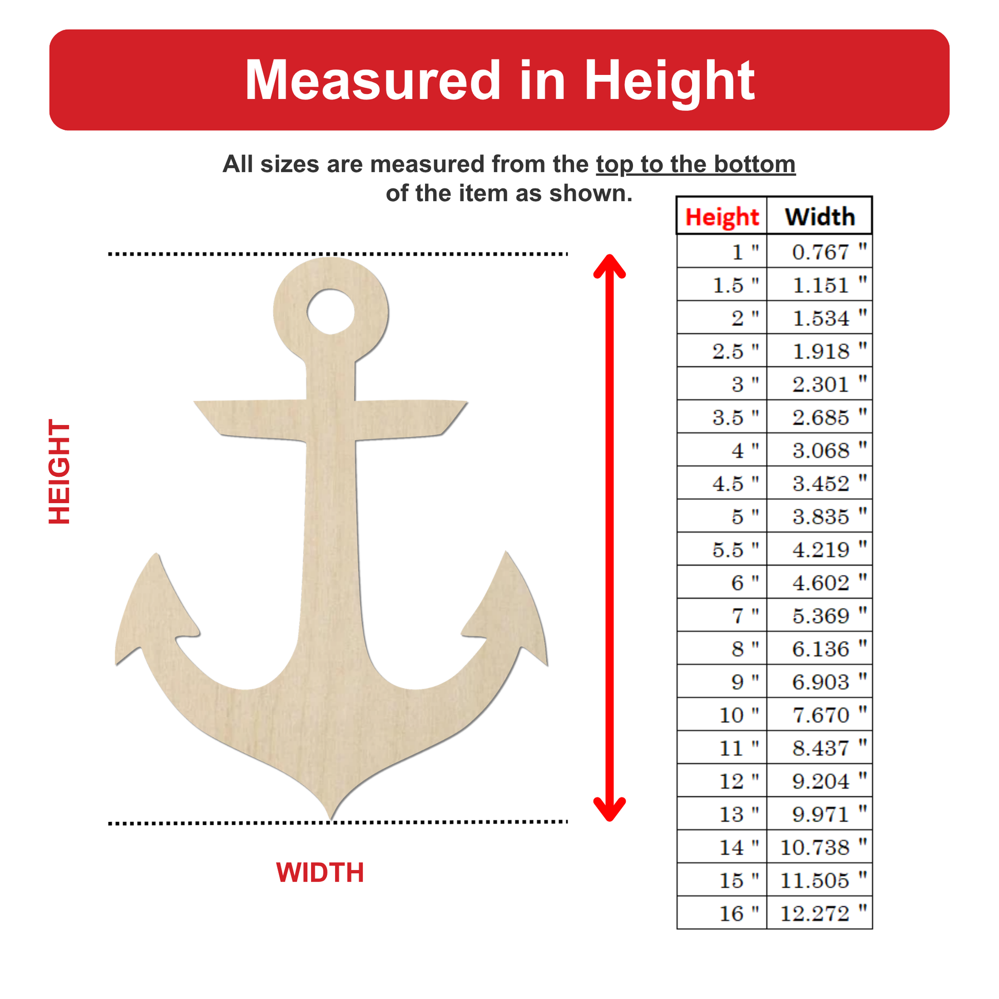 The image is a detailed diagram that provides measurements for various sizes of an anchor, ranging from 1 to 16 inches. The anchor is depicted in a wooden material, and the measurements are listed in inches. The diagram is designed to provide a clear visual representation of the anchor's dimensions, allowing for easy comparison and understanding of the size differences.