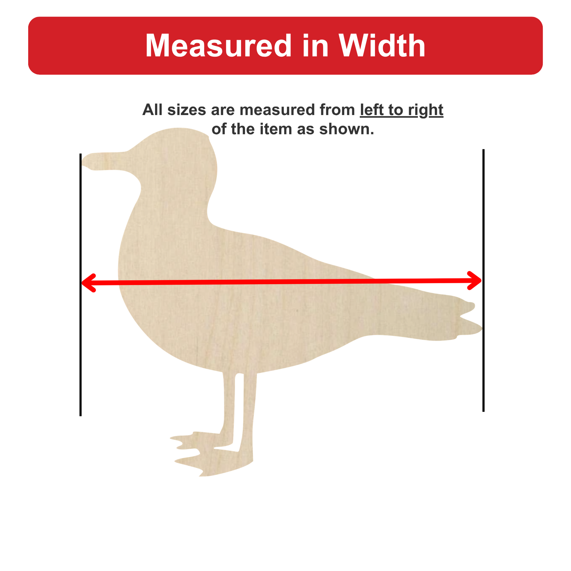 a wooden bird silhouette, with measurements drawn on it to indicate the width of the bird.