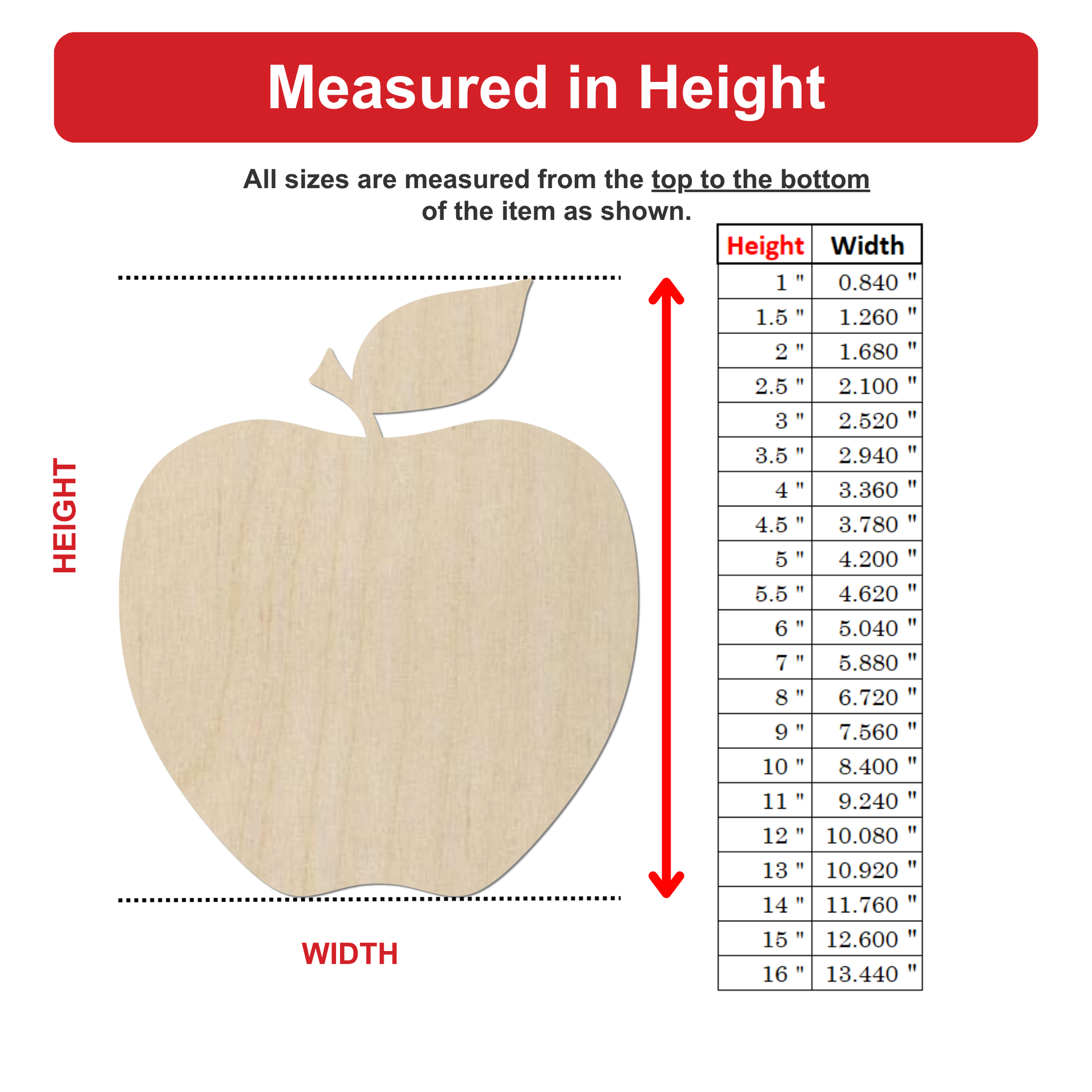 The image is a wooden apple with a height and width scale provided. The apple is shown in various sizes, and the height and width measurements are listed next to each other.