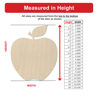 The image is a wooden apple with a height and width scale provided. The apple is shown in various sizes, and the height and width measurements are listed next to each other.