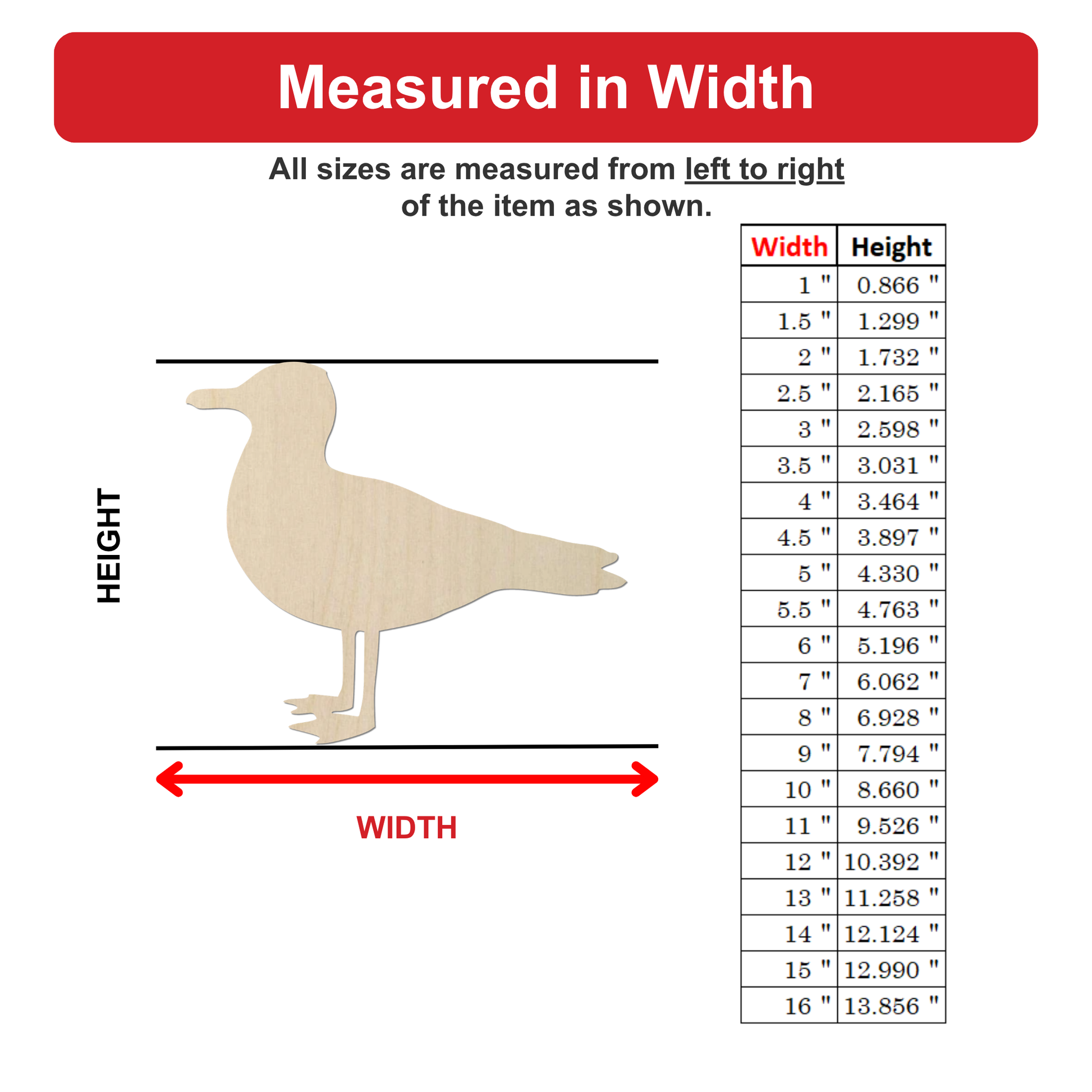 a wooden bird silhouette, likely a seagull, with measurements provided in inches. The bird is shown from the left to the right, and the width of the bird is measured from left to right.