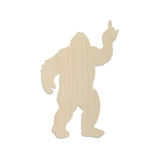 A wooden silhouette of a creature with a raised hand.