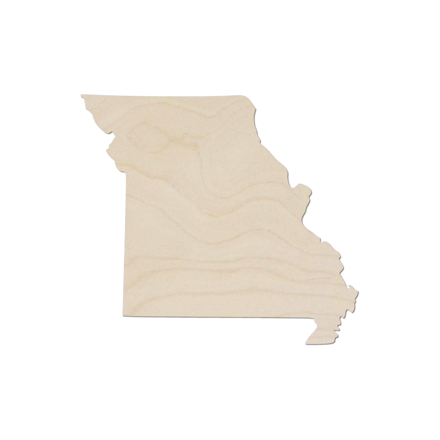 A simple, light-colored wooden cutout of the state of Missouri.