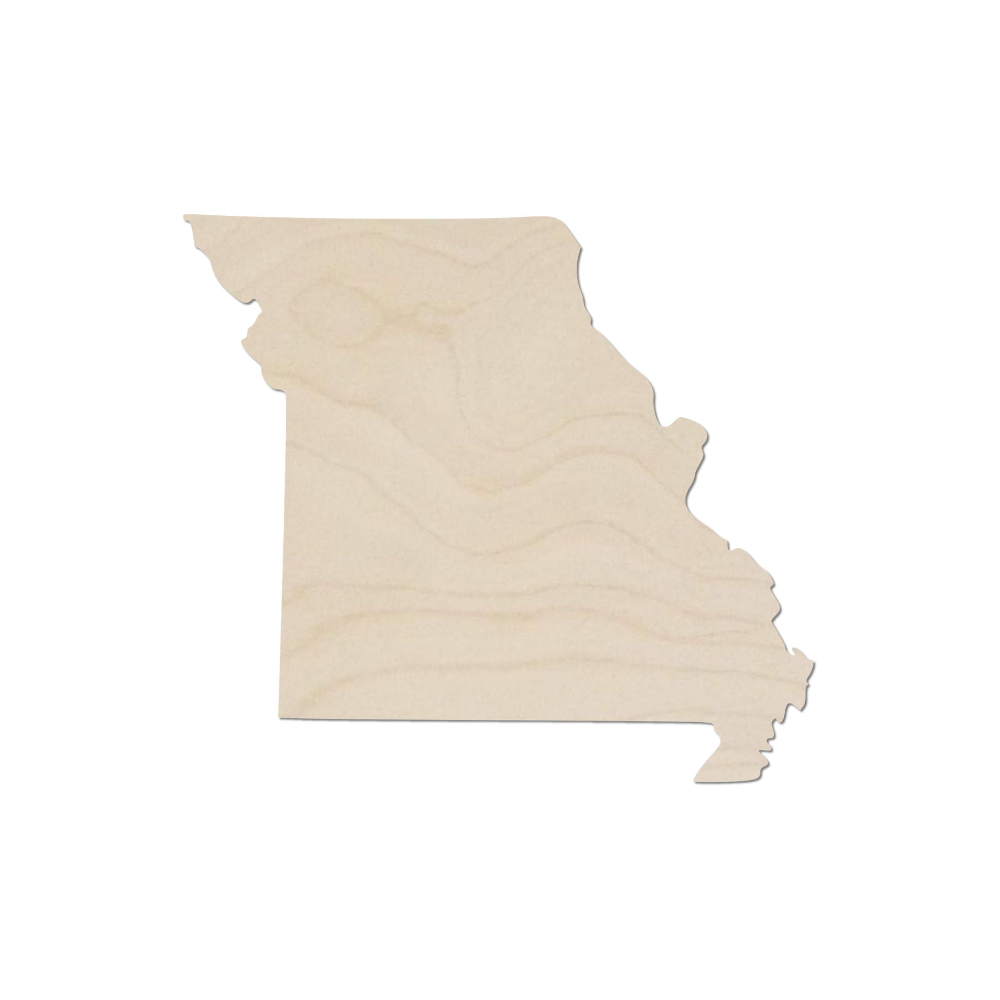 A simple, light-colored wooden cutout of the state of Missouri.