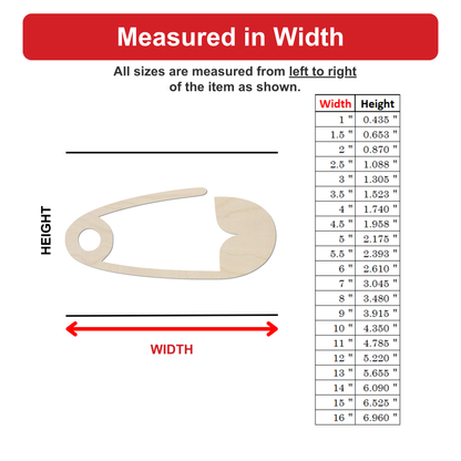 The image is a diagram that shows the measurements of a safety pin, with the width of the pin being the primary focus. The diagram includes a scale that allows for the accurate measurement of the pin's width in inches.