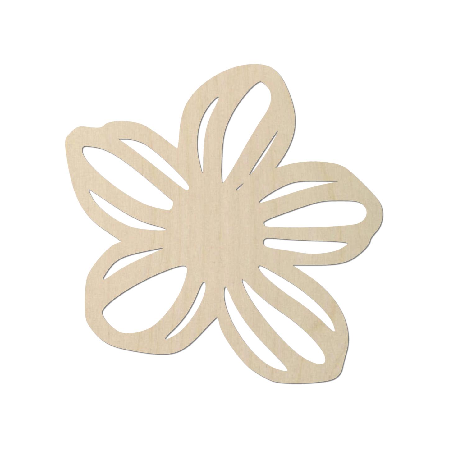 A simple, abstract wooden flower-like shape with a minimalist design.