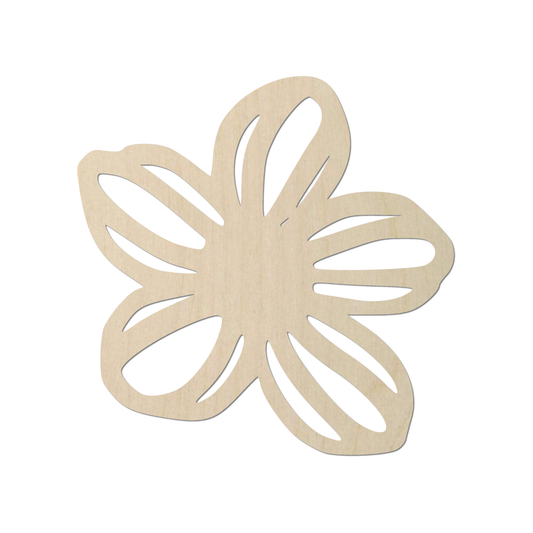 A simple, abstract wooden flower-like shape with a minimalist design.