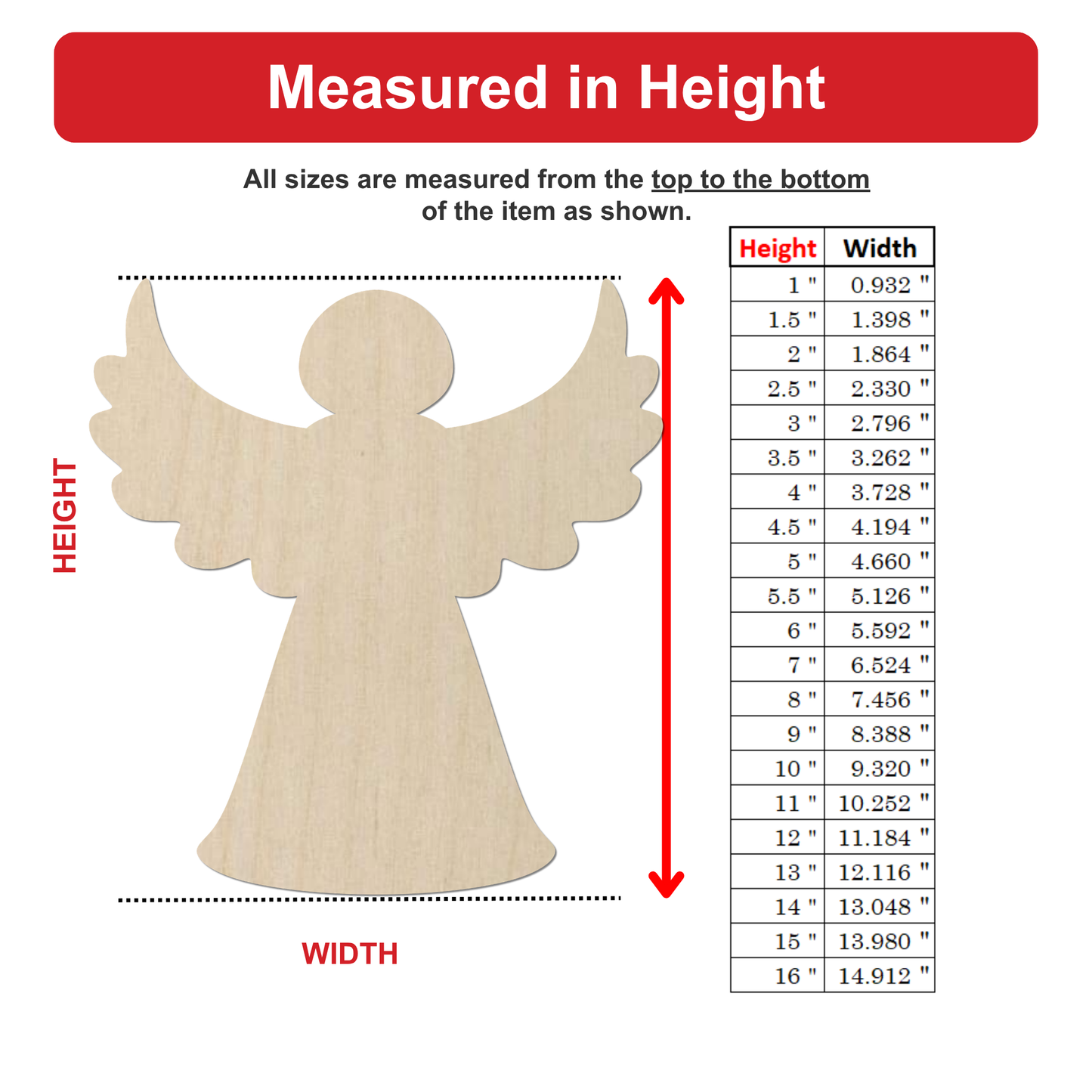 The image is a wooden angel figure with wings, and it is being measured in height and width.