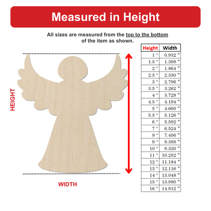 The image is a wooden angel figure with wings, and it is being measured in height and width.