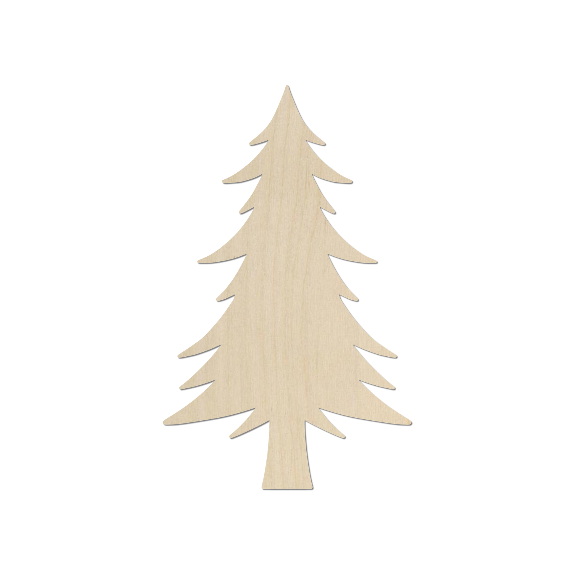 A simple, light-colored wooden Christmas tree silhouette against a white background.