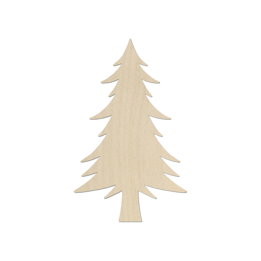A simple, light-colored wooden Christmas tree silhouette against a white background.