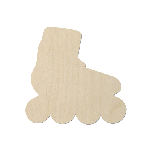 A simple, light-colored wooden rollerblading shape is shown against a white background.