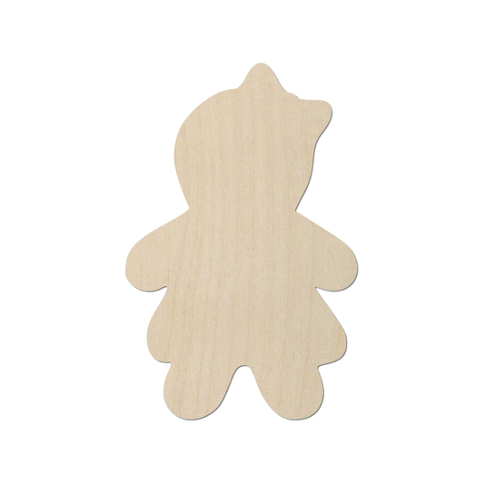A simple, light-colored wooden shape resembling a figure or object.