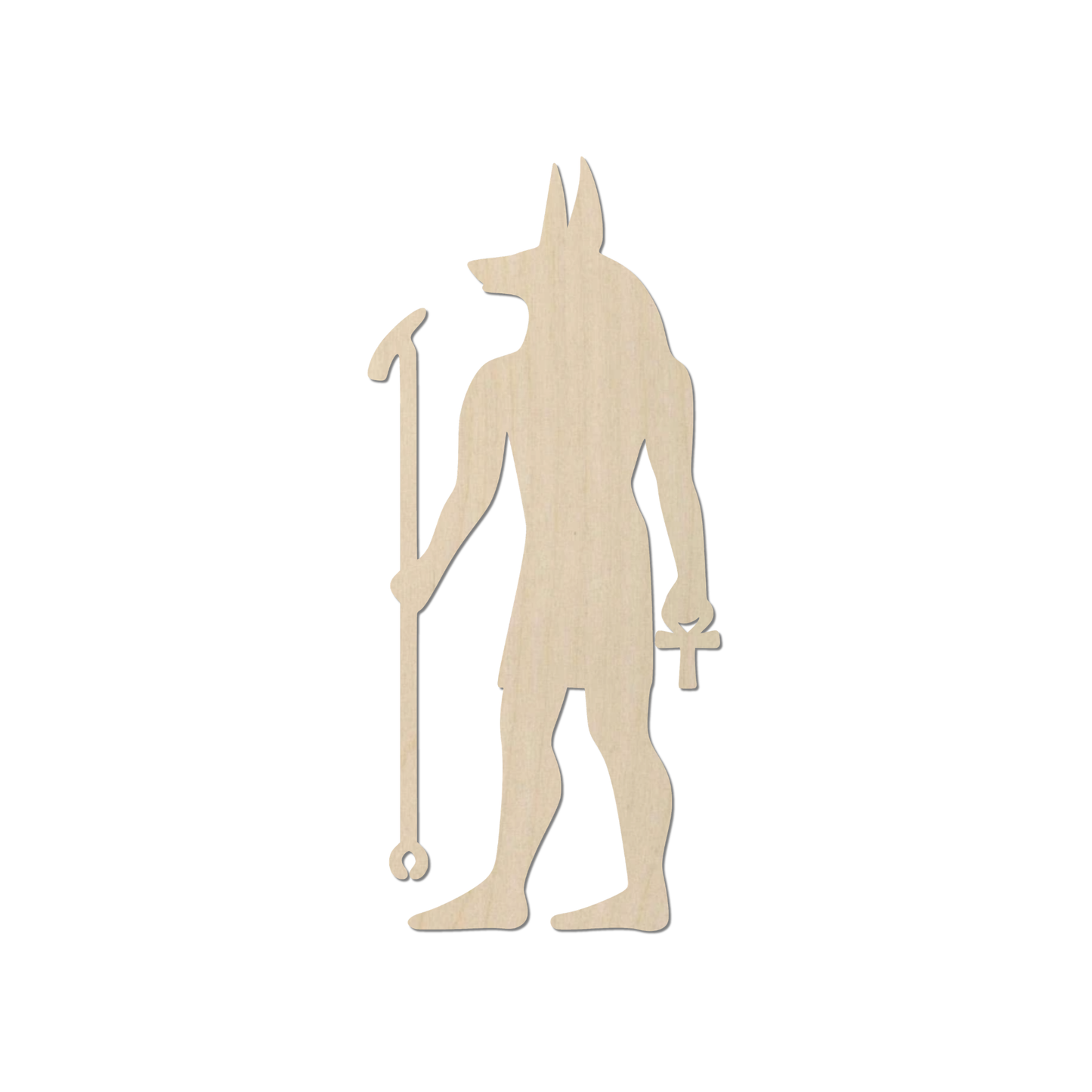 A wooden silhouette of a jack-o-lantern figure holding a staff and a cross.