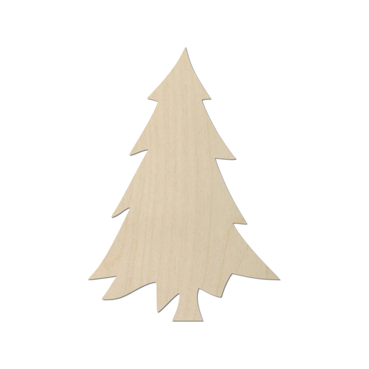 A simple, light-colored wooden Christmas tree cutout.