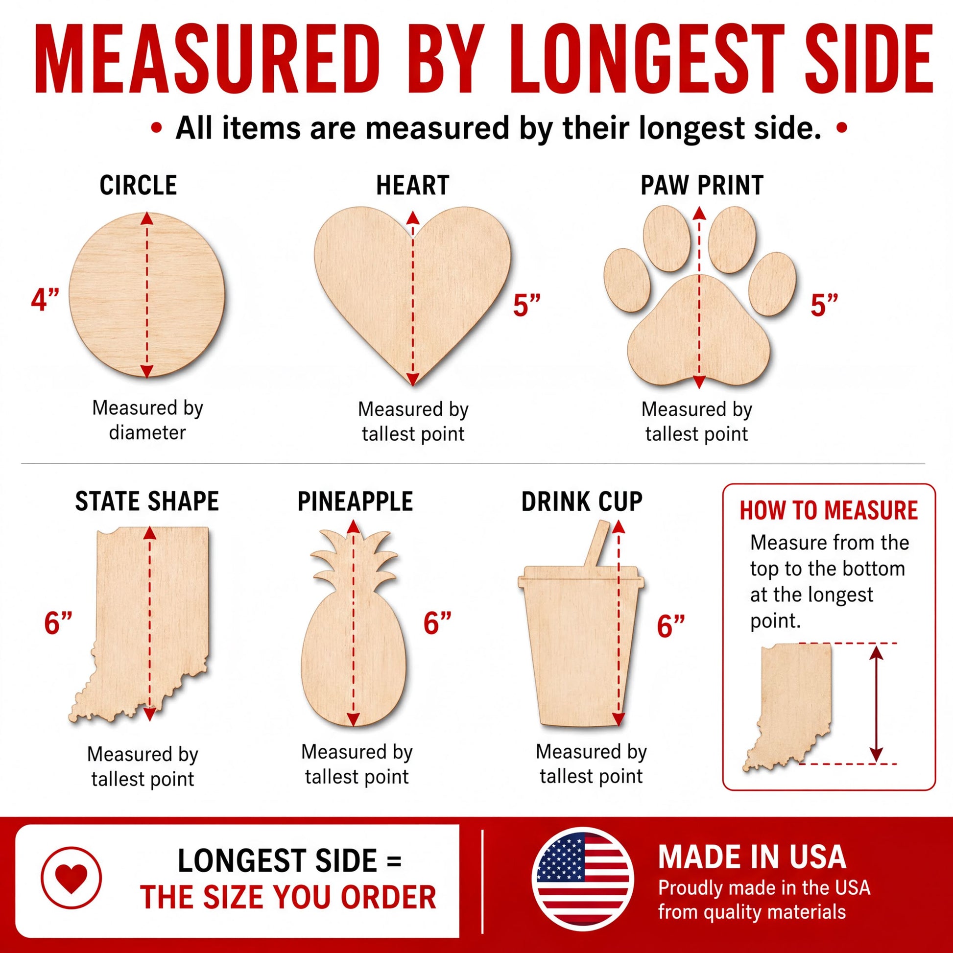 The image is a visual guide that provides measurements for various items, such as a circle, heart, paw print, state shape, pineapple, drink cup, and Indiana state shape, all measured by their longest side.