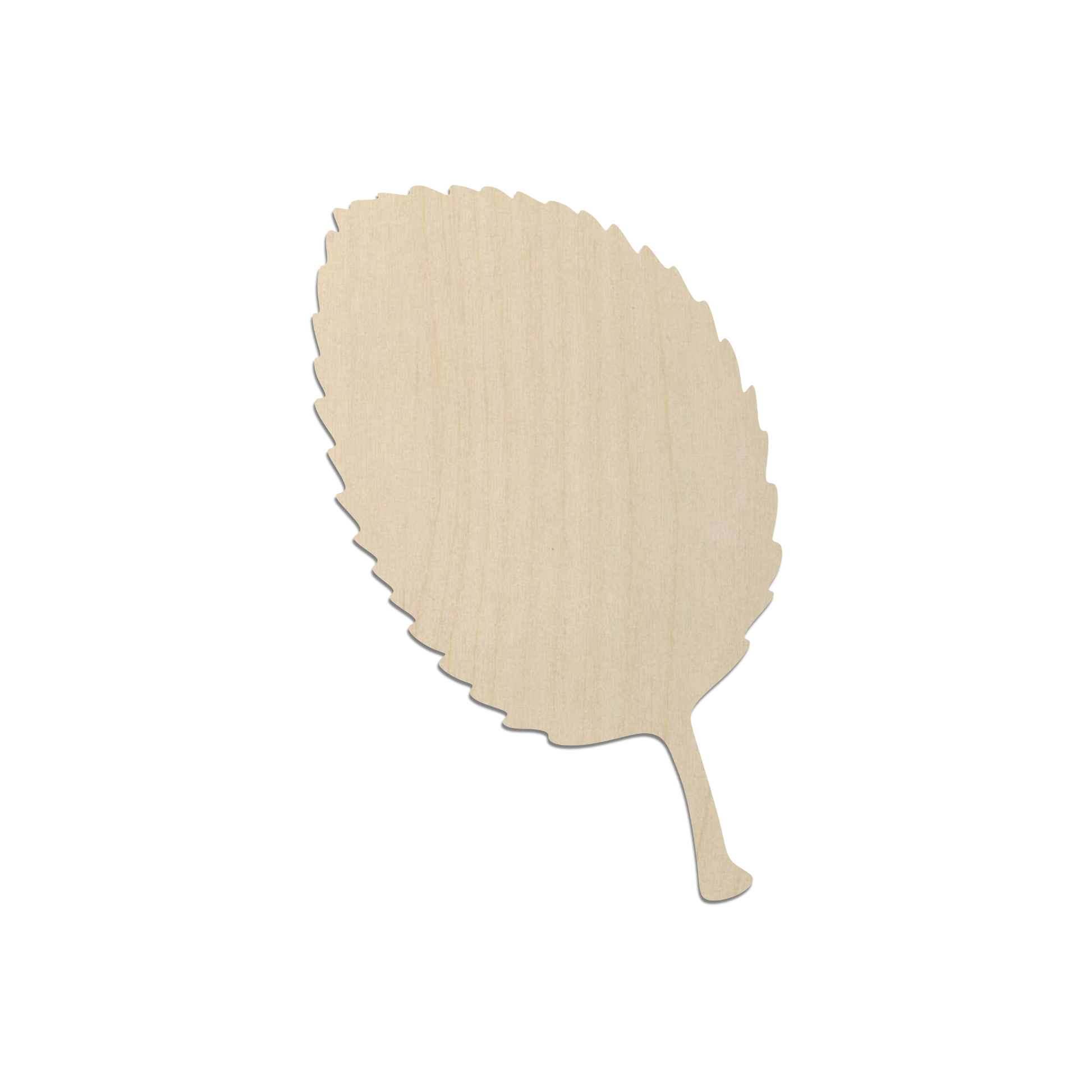 A simple, light-colored wooden leaf shape is shown against a white background.