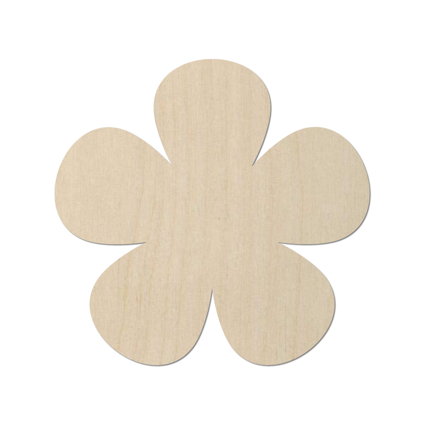 A simple, light-colored wooden flower shape is shown against a white background.